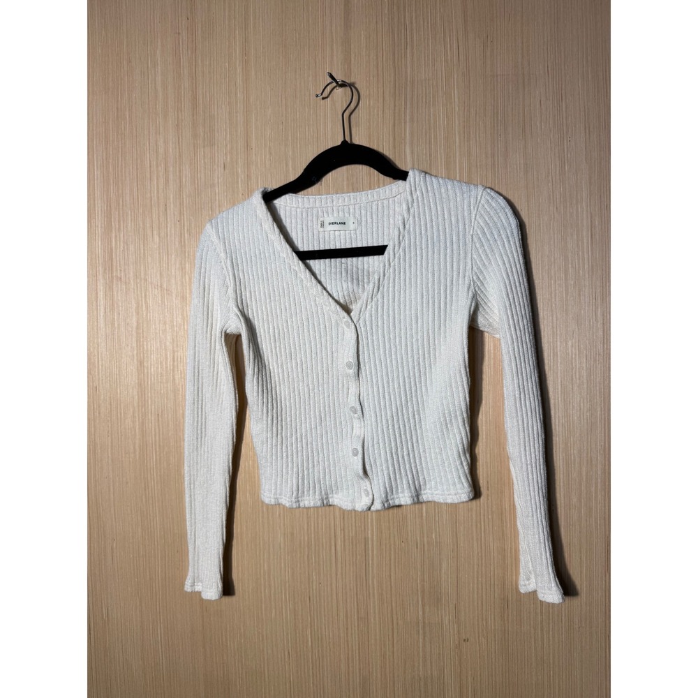 Everlane Cream Ribbed Knit V-Neck Button Front Cropped Cardigan Sweater Cropped